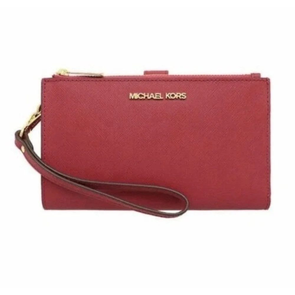 Michael‎ Kors Jet Set Double Zip Wristlet Crimson Red Leather Wallet 32T7GAFW4L